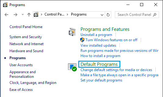 Default Programs Option in Windows Control Panel 