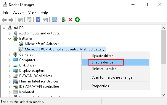 Enable Microsoft ACPI-Compliant Control Method Battery in Windows 10