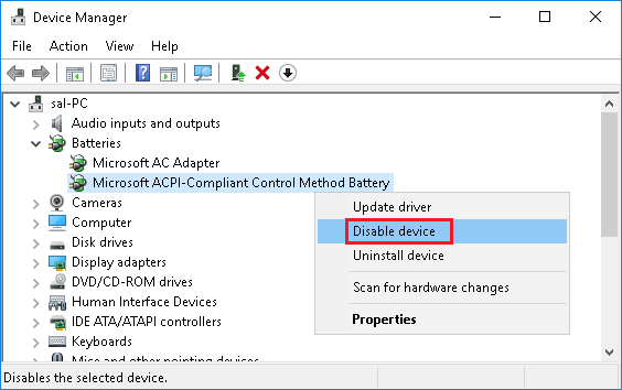 Disable Microsoft ACPI-Compliant Control Method Battery in Windows 10