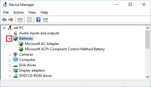 Batteries Tab in Device Manager Screen on Windows 10