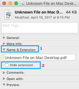 Oculta la opción de la extensión del nombre del archivo en la pantalla de información del archivo en Mac