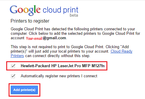 Añadir impresoras seleccionadas a Google Cloud Print