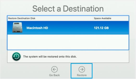 Select Destination Source For Time Machine Restore
