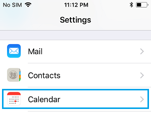 Calendar Option on iPhone Settings Screen