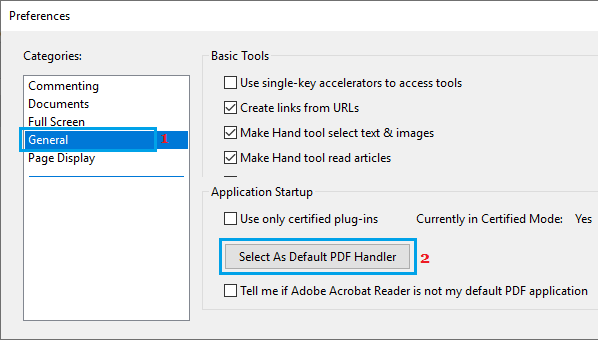 Select Default PDF Handler Option in Adobe Reader