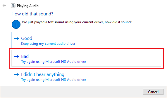 Try Playing Audio Using Microsoft HD Audio Driver in Windows 10