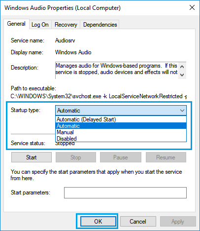 Set Startup Type to Automatic For Windows Audio Service