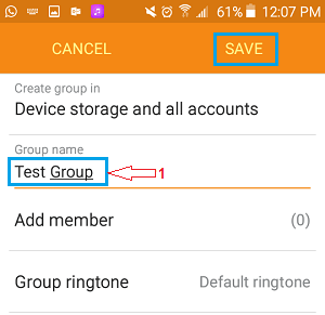 Página de información del grupo de contacto en un teléfono Android