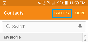 Ficha de grupos de contactos en el teléfono Android