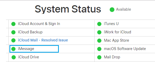 iMessage Status on Apple Service Status Page