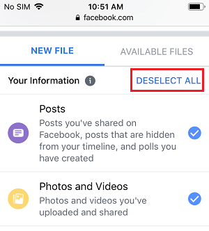 Desmarca todos los elementos en la opción de Facebook