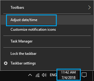 Adjust Date and Time Option in Windows 10