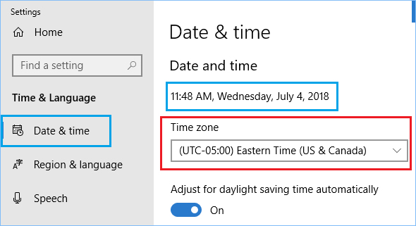 Date and Time Zone Setting Screen in Windows 10