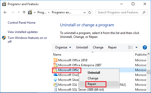 Repair Microsoft Office Program in Windows 10