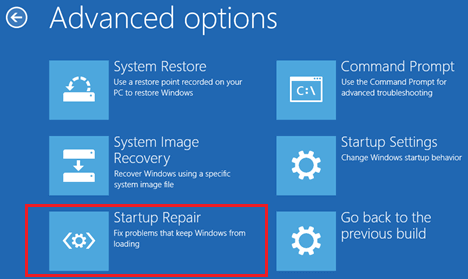 Startup Repair Option on Advanced Options Screen in Windows 10