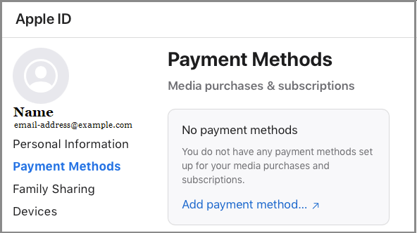 Payment Methods Setting Option on Apple ID