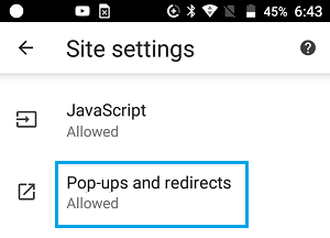 Pop-ups and Redirects Option in Chrome on Android Phone