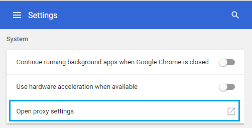 Abre la opción de configuración del proxy en el navegador Chrome