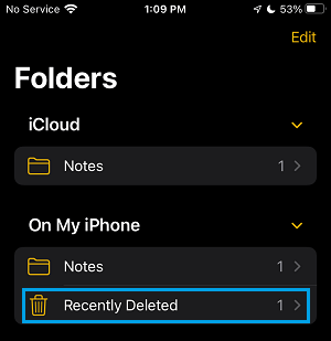 Carpeta de notas eliminada recientemente en el iPhone