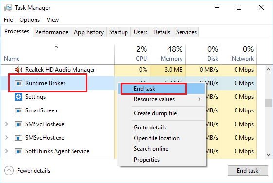 End Runtime Broker Process in Task Manager