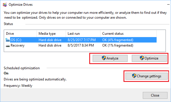 Optimize Drives Screen in Windows 10