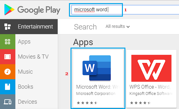 Buscar Microsoft Word en Google Play Store