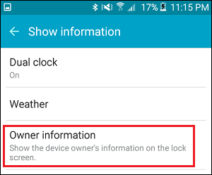 Ficha de información del propietario en los ajustes de Android