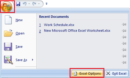 Excel Options button