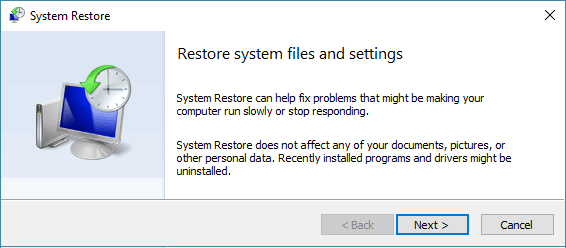 System Restore Start Screen in Windows 10