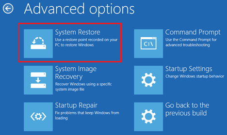 System Restore Option in Windows Advanced Options Screen