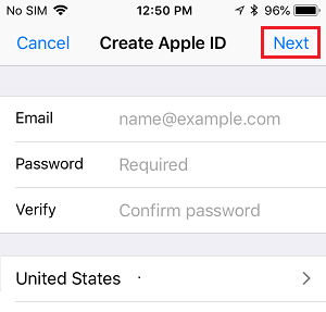 Create Apple ID Screen on iPhone