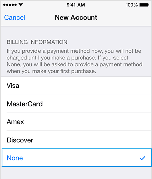 None Payment Option on Apple ID Billing Information Screen