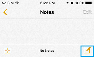 Open New Note Icon in Notes App on iPhone