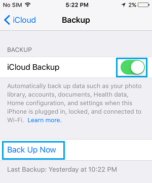 Opción de copia de seguridad manual de iCloud en el iPhone 