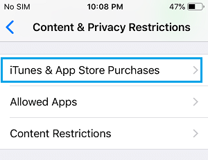 opción de configuración de compras de iTunes y App Store en el iPhone