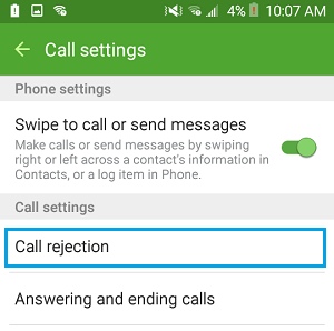 Call Settings Screen on Android Phone