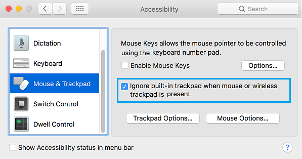 Ignore Built-in Trackpad When Mouse or Wireless Trackpad is Present Option on Mac 
