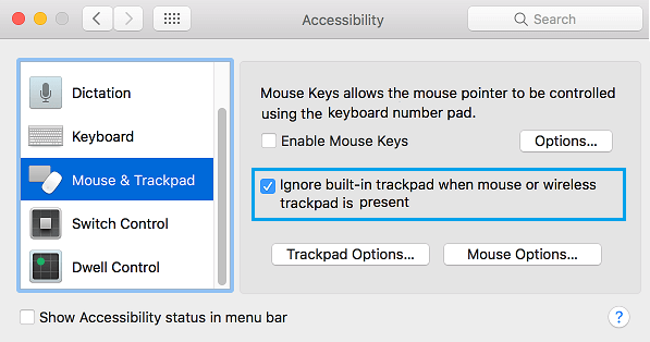 Ignora el trackpad integrado cuando el ratón inalámbrico o el trackpad están presentes en la opción Mac 