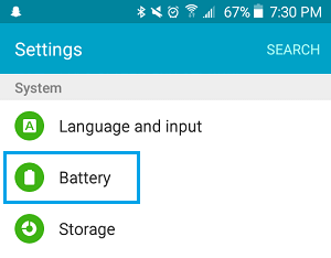 Pestaña de la batería en los ajustes de Android