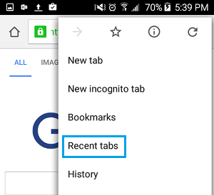 Opción de pestañas recientes en Chrome en Android