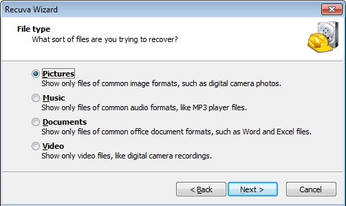 Choose File Type On Recuva File Recovery Wizard Screen