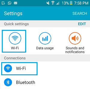 Icono de WiFi en la pantalla de ajustes del teléfono Android