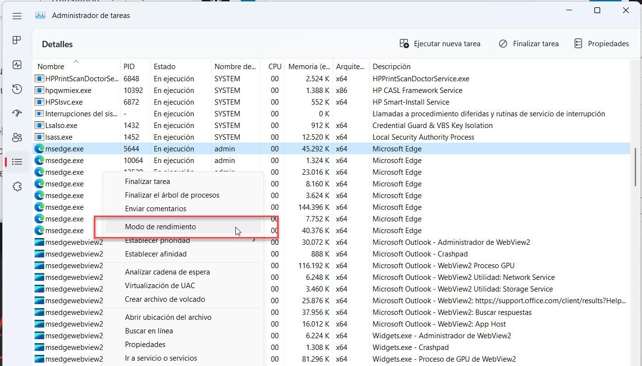 modo eficiencia detalle administrador tareas