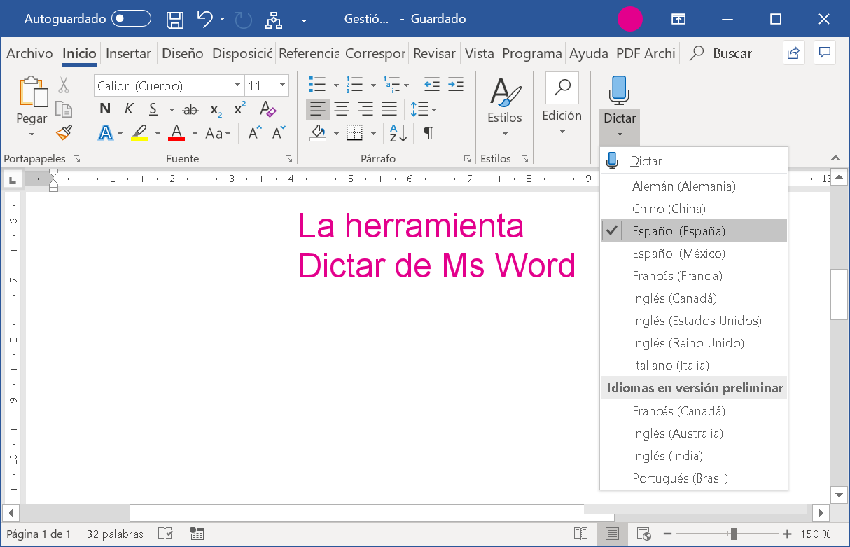dictado de texto en word