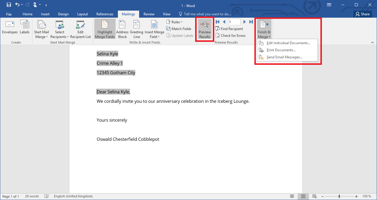 modo correspondencia, mail Word