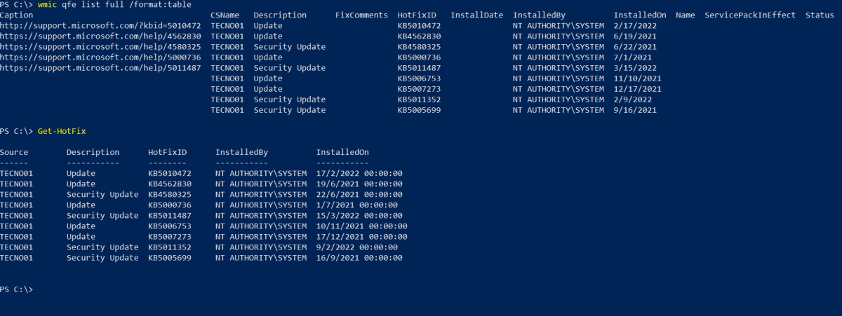 Listado de actualizaciones Windows