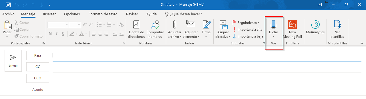 Activar dictado por voz en Outlook