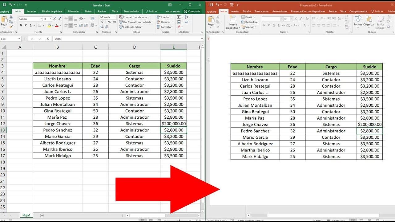 Hoja Excel insertada en PowerPoint