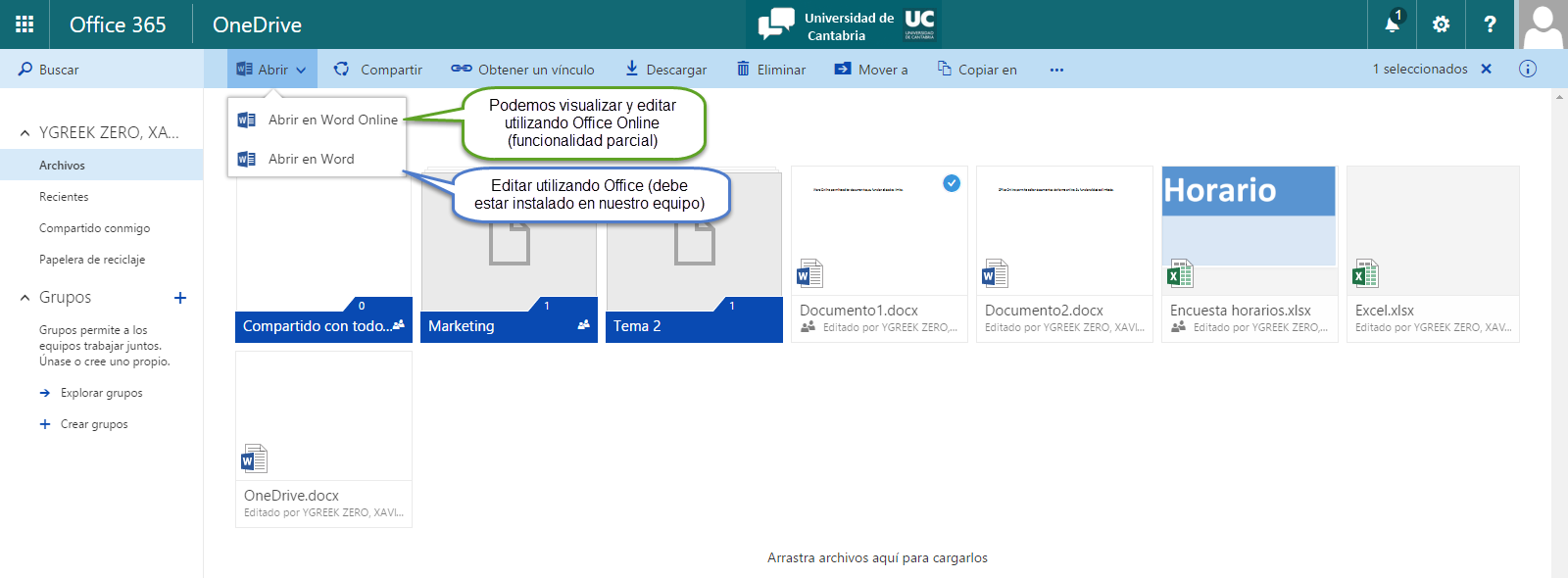 Carpetas sincronizadas con OneDrive y Office