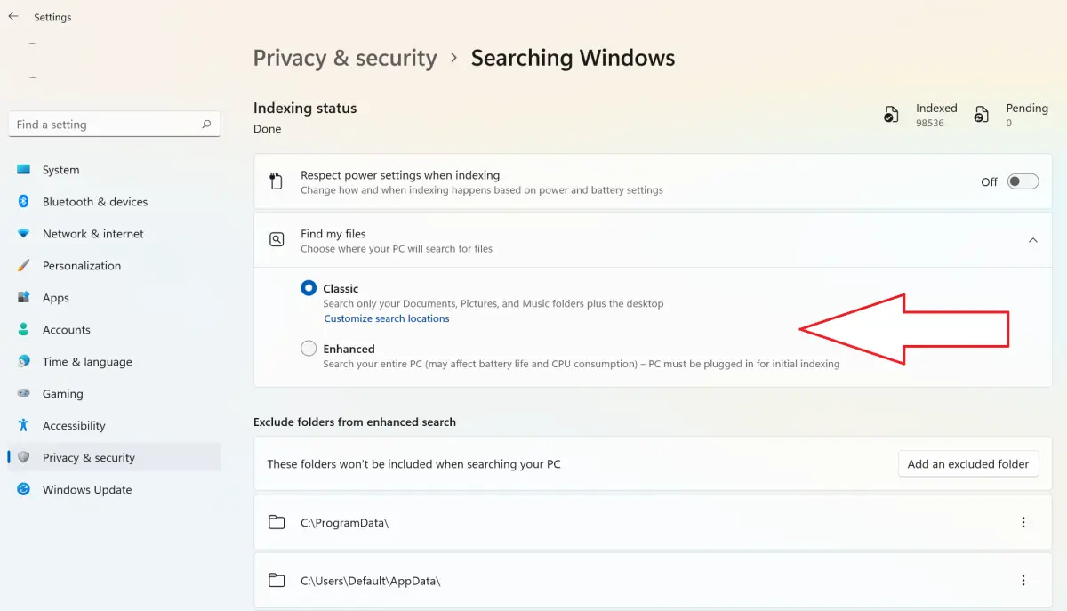 indexación de archivos windows 11